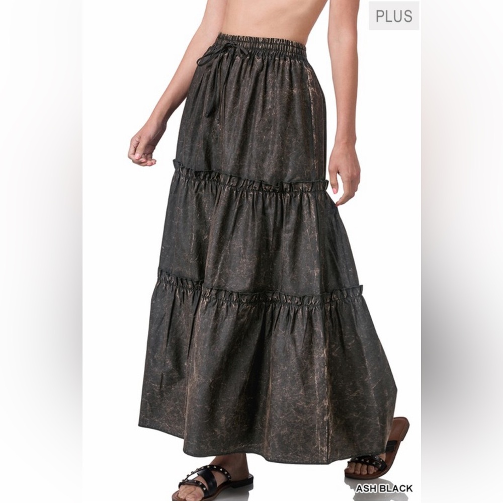NWT! Plus Zenana Outfitters Vintage Wash Black Tiered Maxi Skirt Casual Cotton